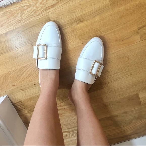 White leather mules flats with gold hardware